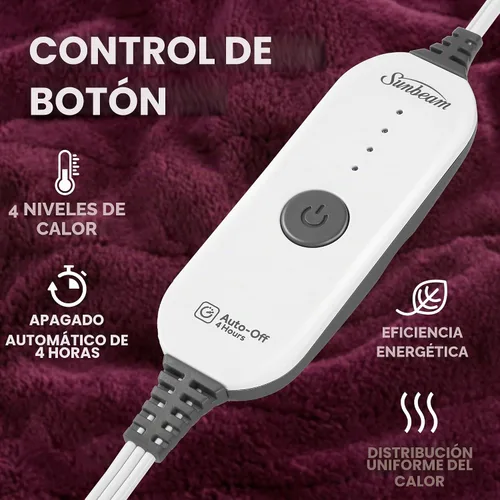 Vista 3 de Manta eléctrica térmica Sunbeam Royal Luxe de microfelpa, 4 ajustes de calor, apagado automático de 4 horas, calentamiento rápido, cálida y Cabernet