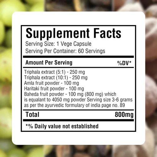 Vista 6 de Herbsforever Triphala Cápsulas Extracto Ratio (8:1) 40% Amla, Haritaki & Bibhitaki para desintoxicación, limpieza y rejuvenecimiento diarios* 60