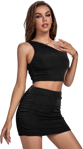 Vista 3 de LYANER Conjunto de 2 piezas para mujer, top corto de un hombro y minifalda
