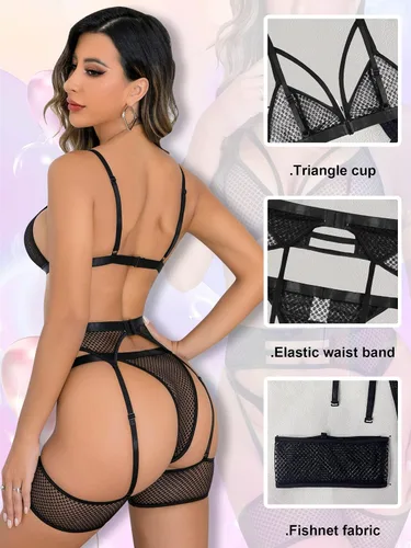 Vista 2 de popiv Conjunto sexy de lencería de red para mujer, conjunto de brasier y bragas de encaje con liguero, 4 piezas