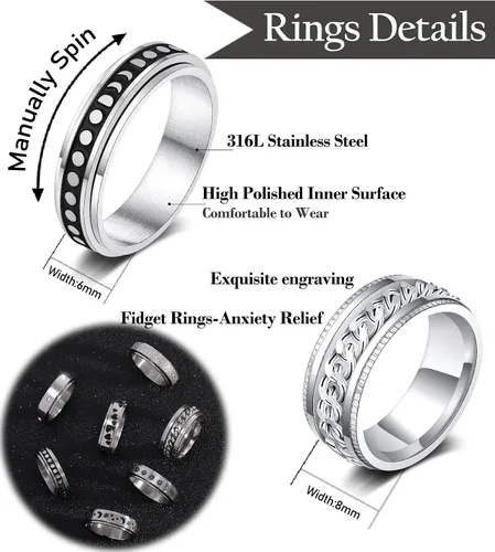 Vista 2 de KOHOTA Anillos giratorios de acero inoxidable para mujeres y hombres, anillos giratorios para la ansiedad, anillos giratorios para aliviar