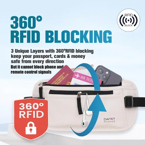 Vista 106 de DAITET Cinturón de dinero, soporte para pasaporte, cartera de viaje oculta segura con bloqueo RFID, riñonera encubierta (negro), Negro, Rfid