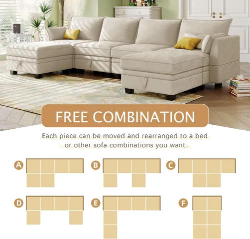 Vista 4 de Sofá modular moderno en forma de U de 115 pulgadas, juego de sofás tapizados grandes con asiento de almacenamiento, sofá cama convertible con diván