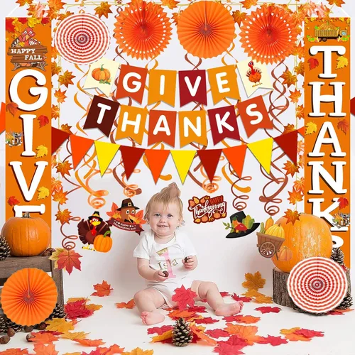 Vista 7 de Famoby Cartel colgante de agradecimiento para porche, letrero de otoño con diseño de calabaza y hojas de arce, pancartas de papel con abanico