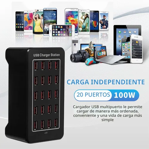 Vista 4 de Estación de carga USB de escritorio de 20 puertos - Cargador inteligente multifunción de 100 W para teléfonos inteligentes, tabletas y más