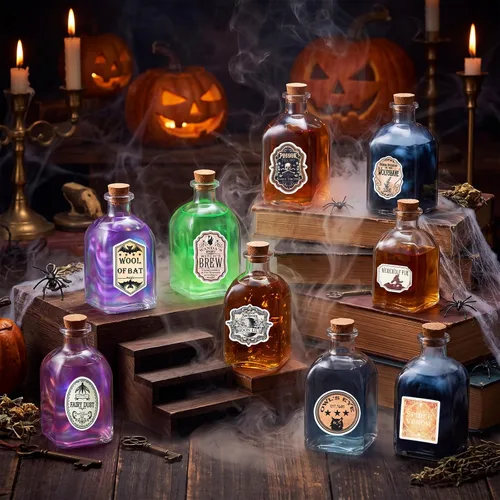 Vista 4 de Baderke 24 botellas de poción de vidrio de Halloween con calcomanías