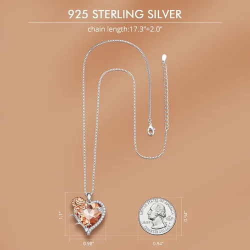 Vista 3 de VOROCO Collar de piedra natal de cristal en forma de corazón con flores de cumpleaños, collar de plata de ley 925 con colgante de amor para mujer