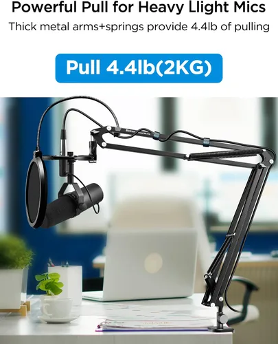 Vista 3 de Bietrun Soporte de escritorio con brazo de micrófono con soporte de choque y filtro pop para Blue Yeti/Snowball/Hyperx Quadcast/Shure MV7/SM7B/RODE