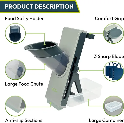 Vista 6 de Cortador de mandolina seguro para cocina, picador de verduras multifuncional 4 en 1, juliena, cortadora de papas fritas y papas con grosor