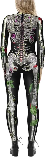 Vista 2 de Fixmatti Disfraz de fiesta de Halloween para mujer, traje de manga larga con estampado de calavera