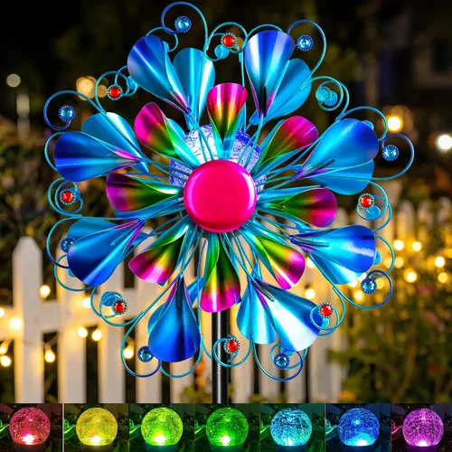 Vista 16 de Molinillo de viento solar grande de 83 pulgadas para exteriores, escultura de flor de tulipán de metal con bola de vidrio LED multicolor, arte