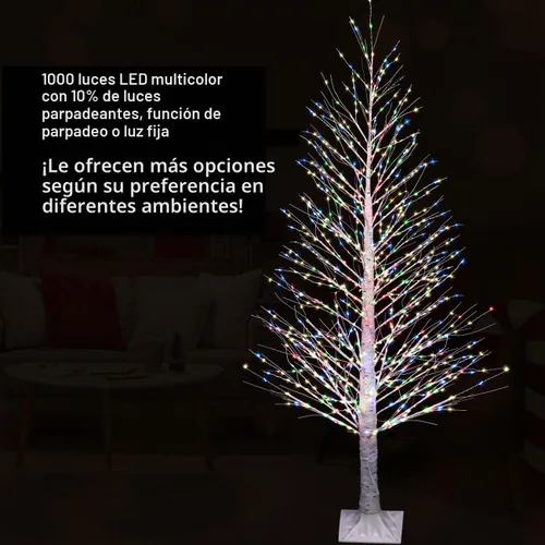 Vista 2 de Árbol de abedul iluminado de 7 pies, 1000 luces LED multicolor con luces parpadeantes, modos parpadeantes o constantes, alambre de alta densidad
