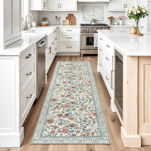 Vista 7 de Rugalia Alfombra de pasillo floral azul, alfombra lavable de 2 x 6 pies para pasillos, antideslizante, suave, de pelo bajo, con flores, pájaros, Rosa