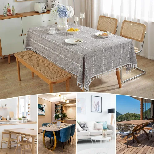 Vista 5 de meioro Mantel rústico, mantel rectangular de algodón texturizado de lino con borla, mantel de tela resistente para granja con bordado de rayas