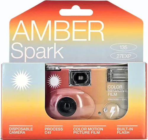 Vista 2 de RETO Amber Spark - Cámara de película desechable de 1.378 in 27exp, película negativa de color, sin enfoque, fácil de usar, flash integrado, de un