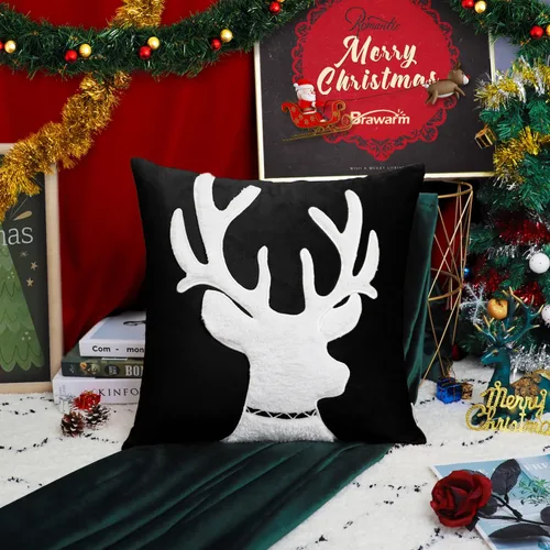Vista 2 de BRAWARM Christmas Reindeer Pillow Cover 18x18 Black Velvet Embroidered Reno negro
