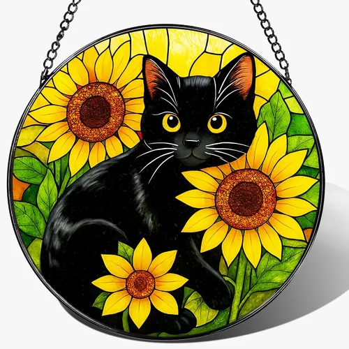 Vista 18 de Colgante de Vidriera, Gato Negro de 8 Pulgadas sobre Libro Atrapasol de Vidriera, Decoración Colgante para Ventana, Regalos para Amantes