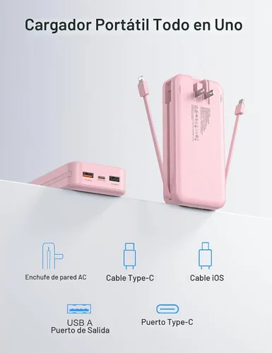 Vista 2 de 20000mAh cargador ultra portátil banco de energía con cables inBuilt y enchufe de pared de CA Rosa-20Ah