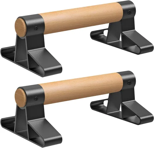 Vista 9 de SELEWARE Wood push up bars Parallettes bars Anti-slip Handstand Bars for Calisthenics, Fitness, Floor workouts Solid Wood with Sturdy Metal Bracket