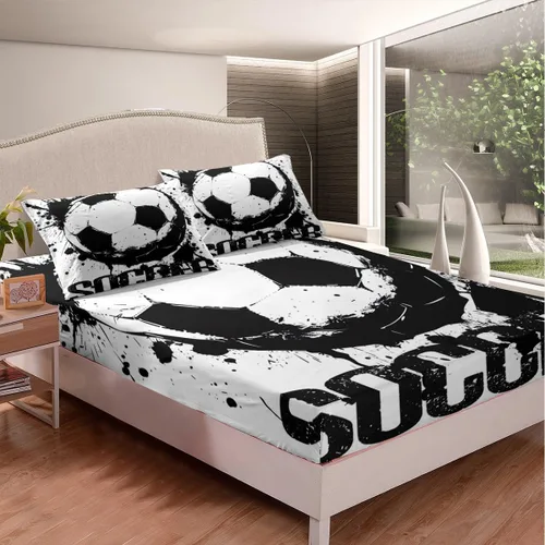 Vista 2 de Juego de ropa de cama de fútbol, tamaño individual, juego de pelota para niños, sábana bajera, pelota deportiva, color blanco y negro, ropa de cama