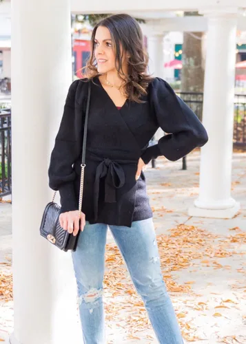 Vista 2 de KIRUNDO - Suéter de punto acanalado para mujer, cuello en V, para otoño 2020, jersey de punto con lazo