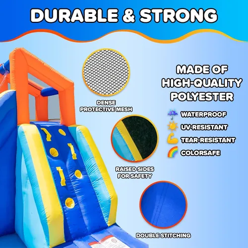 Vista 3 de Sportspower Big Wave II - Tobogán acuático inflable grande para exteriores con pared de escalada y piscina de chapoteo, resistente, certificado