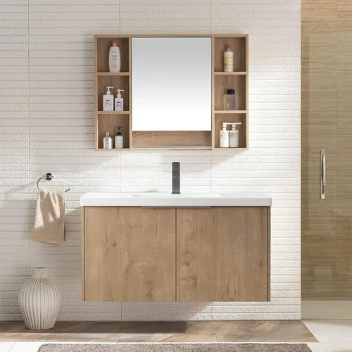 Vista 13 de Juego de tocador de baño de 24 pulgadas con lavabo, juego de armario de baño montado en la pared con lavabo de gel y puerta de gabinete de cierre