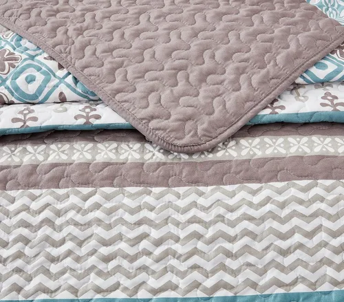 Vista 5 de All American Collection Juego de colcha reversible de 2 piezas con estampado floral, color marrón y turquesa, tamaño individual