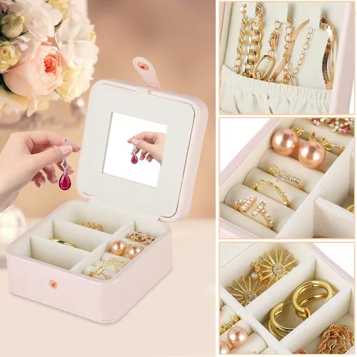 Vista 6 de Joyero de viaje con espejo, mini estuche de viaje de piel sintética para mujeres y niñas, pequeño organizador de joyas portátil para anillos