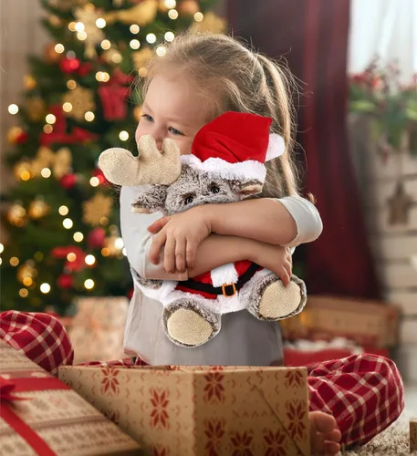 Vista 6 de DolliBu Peluche de alce de Papá Noel, disfraz de animal salvaje súper suave con traje de Papá Noel rojo, lindo regalo de vida silvestre, vacaciones