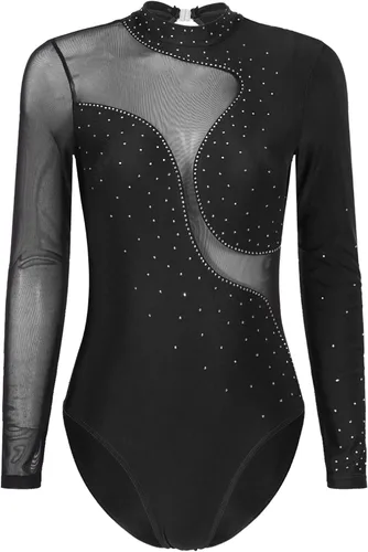 Vista 53 de iiniim Leotardo de malla para mujer, con diamantes de imitación, de malla, de manga larga, leotardos de gimnasia