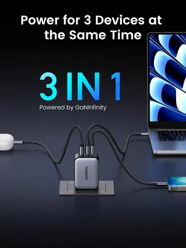Vista 3 de UGREEN Nexode X - Cargador de pared USB C de 65 W, 3 puertos PPS ultra compacto, plegable, cargador rápido para MacBook Pro/Air, iPhone 17/16/15