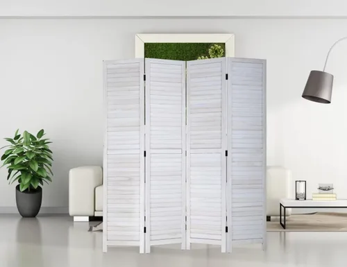 Vista 10 de Divisor de habitación de 3 paneles, pantalla de privacidad plegable de 67 pulgadas de alto con paneles de madera con rejillas, partición Gris