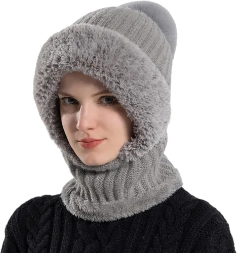 Vista 30 de Gorro de Invierno para Mujer de Una Pieza con Forro Polar Pasamontañas de Punto Conjunto con Bufanda Circular para Cuello Gorro de Esquí para Nieve