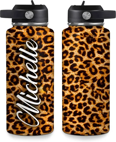 Vista 8 de Hyturtle Botella de agua personalizada de leopardo, botella de acero inoxidable aislada con tapa a prueba de fugas, 18 onzas, 32 onzas, regalo
