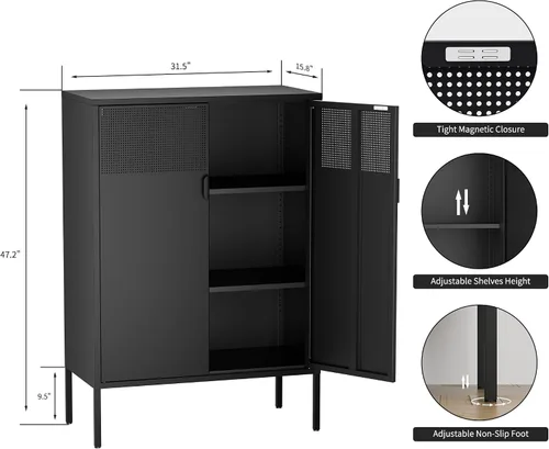 Vista 13 de Gabinete de almacenamiento de metal ancho negro, gabinete de acento de 2 puertas para el hogar y la oficina, gabinete de metal bajo de 2 niveles