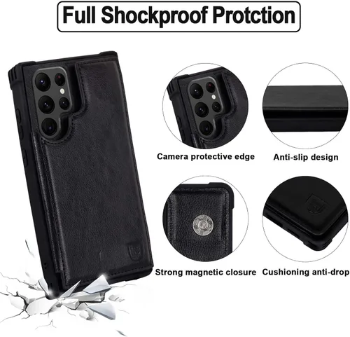 Vista 3 de VANAVAGY Funda tipo cartera compatible con Galaxy S22 Ultra con soporte para tarjetas de bloqueo RFID, de piel sintética, cierre magnético, función
