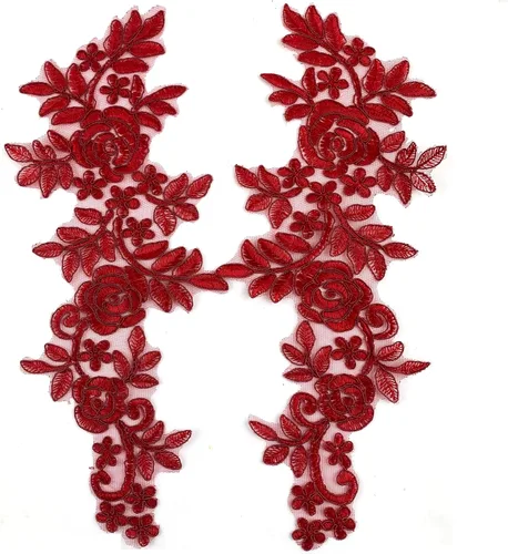Vista 3 de Worlds 1 par de parches de tela de encaje burdeos bordado apliques de encaje motivo floral vestido de novia costura adornos decoración 13.8 x 5.7 in