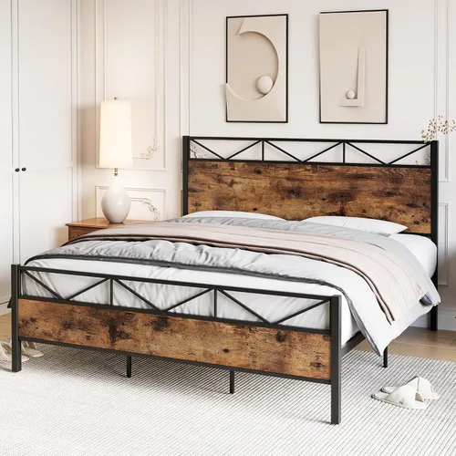 Vista 4 de GAOMON Base de cama tamaño Queen, marco de cama de plataforma de metal con cabecera y estribo de madera rústica vintage, sin ruido, fácil montaje