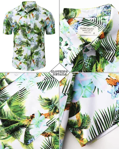 Vista 143 de TUNEVUSE Conjunto de camisas y pantalones cortos hawaianos para hombre, 2 piezas, trajes de playa con estampado de flores, traje tropical de verano