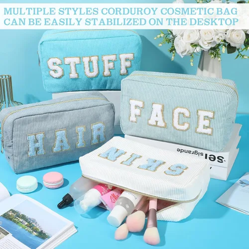 Vista 5 de Pinkunn 4 Piezas Bolsas de Maquillaje Preppy Bolsas de Chenilla con Letras de Viaje Organizador Facial Piel Cabello Higiene Cosmética Bolsa de Aseo