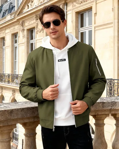 Vista 5 de WULFUL Chaqueta Bomber para Hombre Ligera Casual Cortavientos con Cremallera Abrigo con Bolsillo