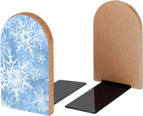 Vista 2 de Hermosos sujetalibros decorativos de madera con diseño de copos de nieve para estantes, habitación de los niños, oficina en casa, tapones de libros