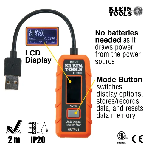 Vista 3 de Klein Tools ET900 Medidor de potencia USB, medidor digital USB-A para voltaje, corriente, capacidad, energía, resistencia