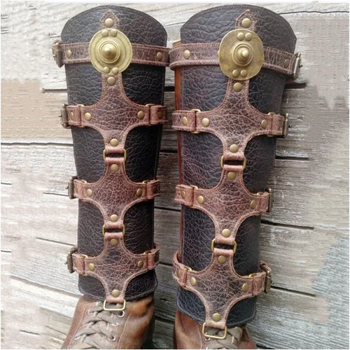 Vista 5 de NA - Armadura de piel sintética vintage para piernas, medieval, ajustable, vintage, hebilla de zapato, caballero vikingo, renacentista, funda