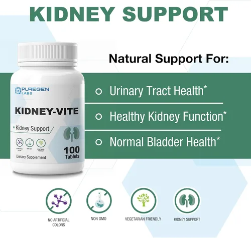Vista 3 de Puregen Labs Kidney-Vite Riñón Premier, soporte renal, sin OMG, sin gluten, sin aditivos de color artificial - 100 tabletas vegetarianas