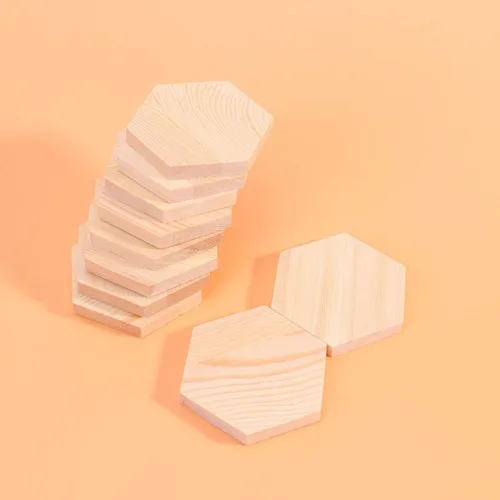 Vista 8 de Tablón en forma de T, 10 bloques de madera de pino hexagonal, decoraciones de bricolaje y tablones de manualidades