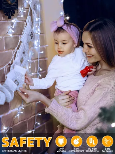 Vista 7 de Guhope - Luces de Navidad 600LED 98 pies, luces de cadena impermeables para exteriores con control remoto y temporizador, 8 modos de luces de hadas