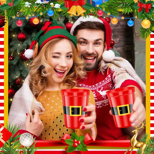 Vista 2 de Dandat 100 vasos de Navidad desechables de 16 onzas a granel de plástico reutilizables de Papá Noel, tazas de estadio de Navidad para vacaciones