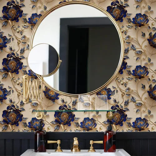 Vista 3 de MuralPeel Papel Tapiz Vintage con Florales Dorados Azules y Amarillos de Despegar y Pegar Fácil de Quitar Autoadhesivo Removible Adhesivo para Pared